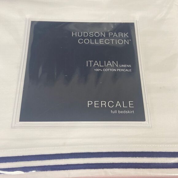 HUDSON PARK COLLECTION Italian Linens King Bedskirt, white/stripe Navy - Picture 3 of 4